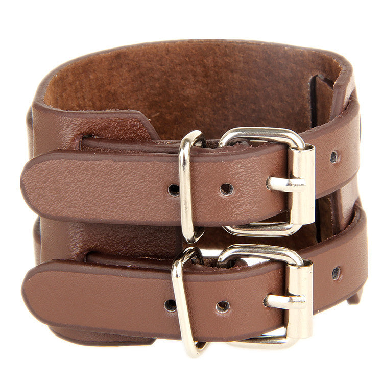 Bracelet manchette cuir marron clair triple sangle avec boucles dorées