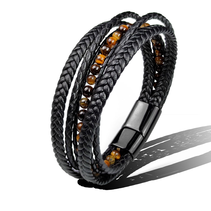 Bracelet cuir tressé noir avec perles œil de tigre marron et dorées