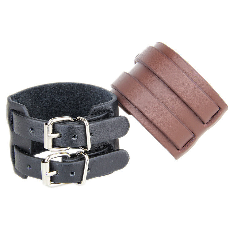 Bracelets manchette cuir marron et noir avec double sangle et boucles