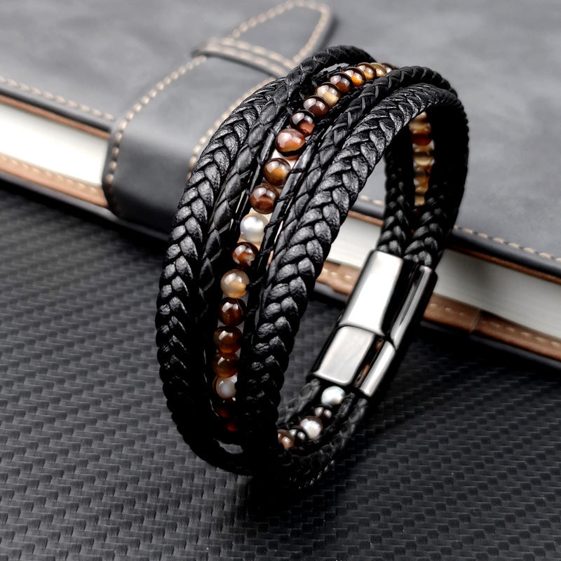 Bracelet multi-rangs cuir tressé noir avec perles œil de tigre et fermoir magnétique argenté