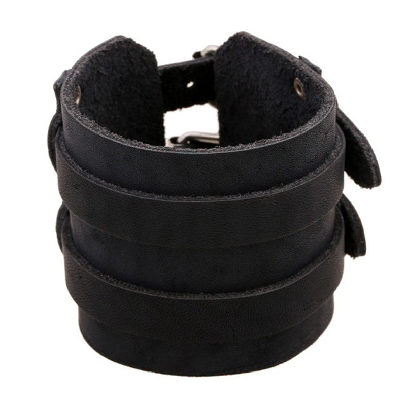 Bracelet manchette cuir noir 6cm avec deux boucles métalliques vue pliée