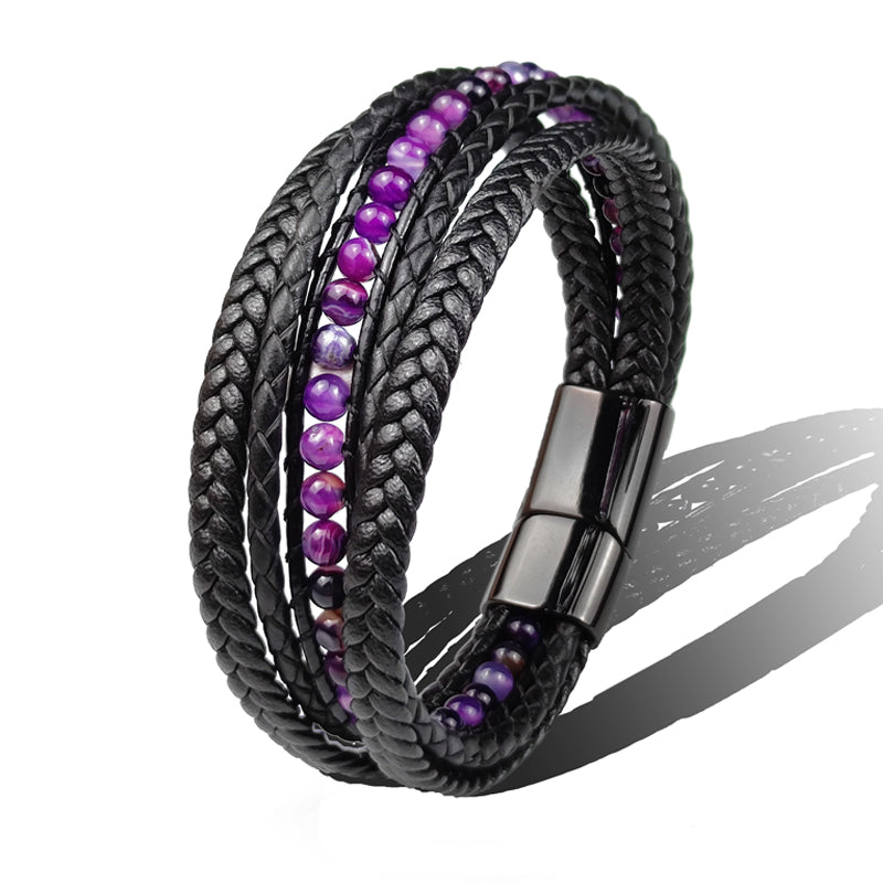 Bracelet cuir tressé noir avec perles violettes et noires