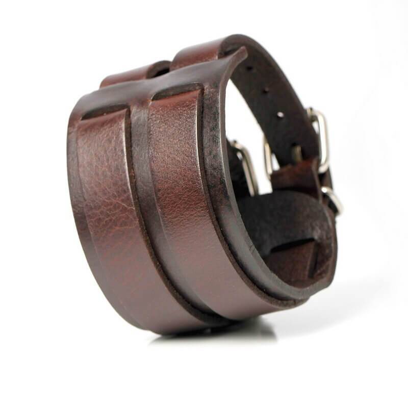 Bracelet manchette cuir marron clair double sangle avec boucles argentées