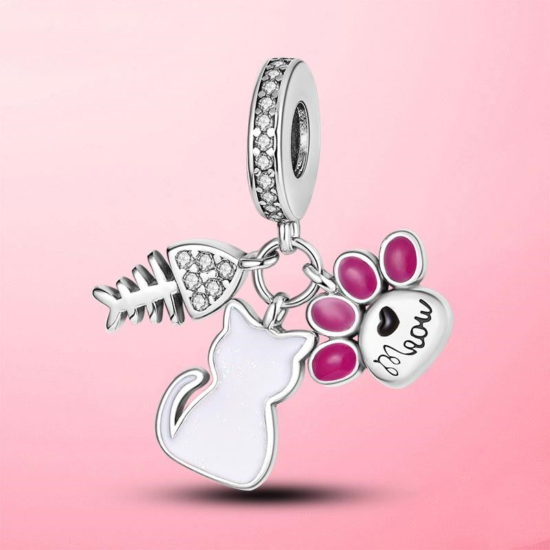 Breloque Chat avec Poisson Argent Sterling 925 - Compatible Pandora