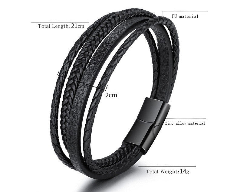 Bracelet cuir tressé noir multi-rangs avec guide des tailles