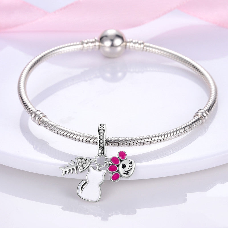 Breloque Chat avec Poisson Argent Sterling 925 - Compatible Pandora