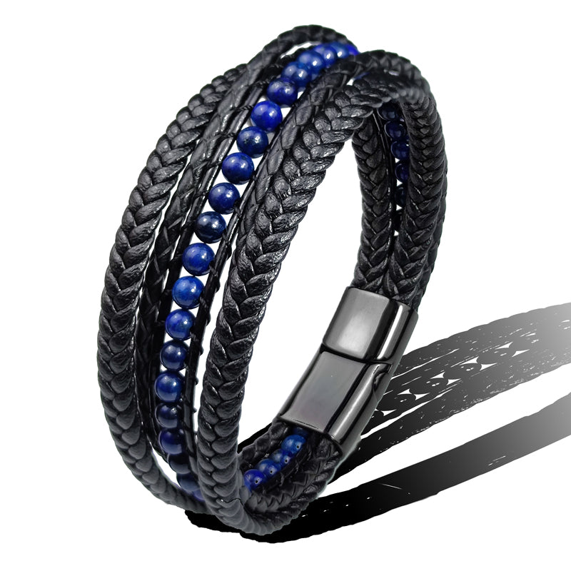 Bracelet cuir tressé noir avec perles bleu et noires