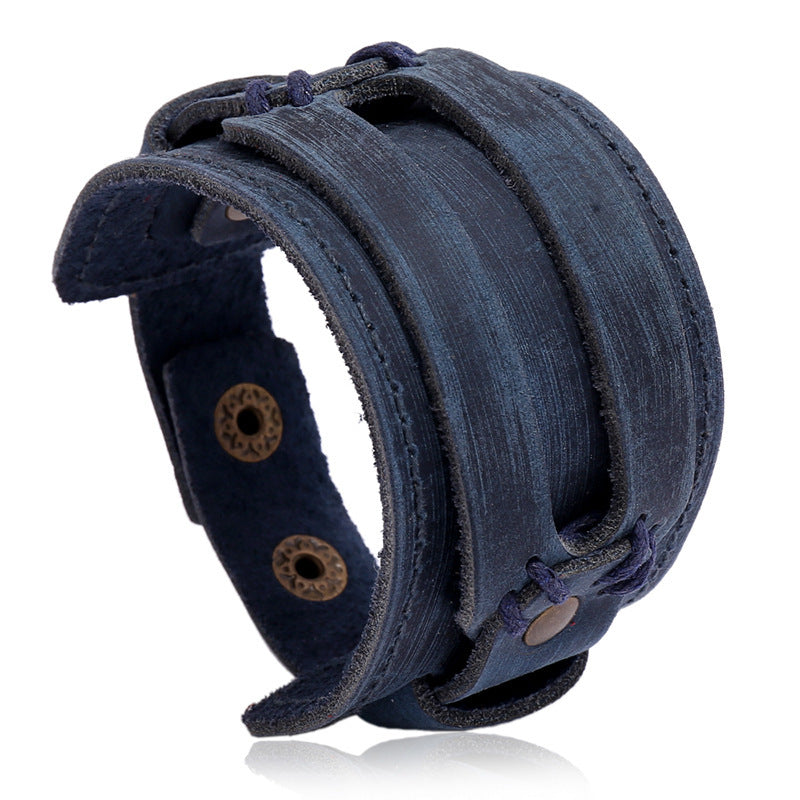 Bracelet manchette cuir bleu pour homme avec fermoir ajustable