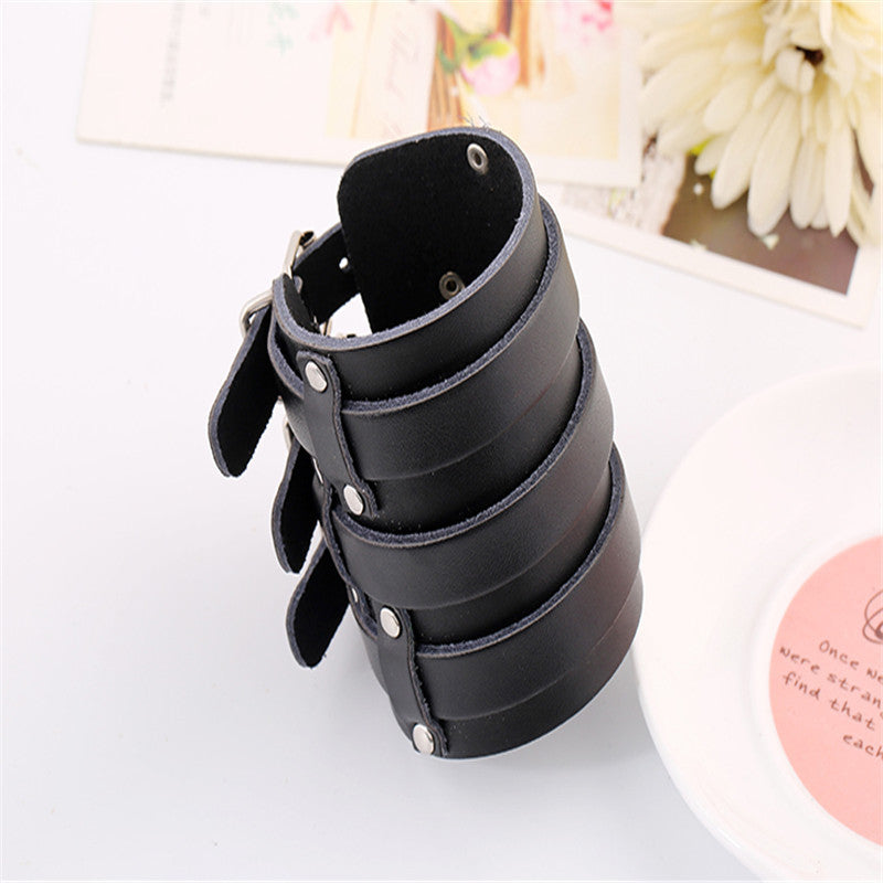 Bracelet Manchette Cuir Noir Large avec Triple Boucle